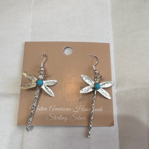 Native Jewelry - Native Sterling Silver Dragonfly Earrings with Turquoise Centers